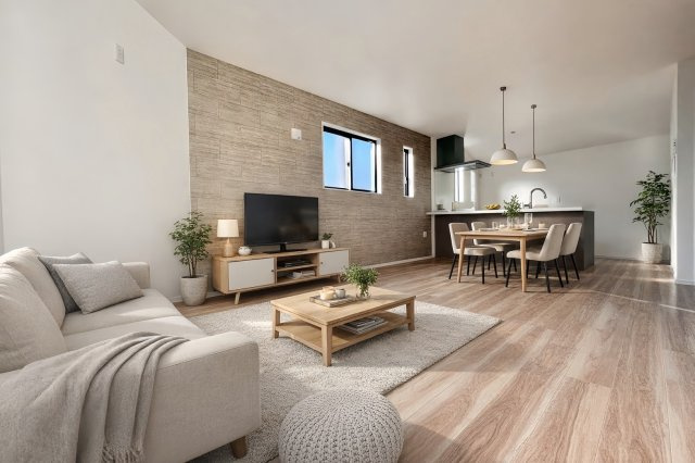 板橋区徳丸2丁目　新築戸建の居間・リビング|2階リビングは採光＆通風良好、外からの視線も気になりません！水廻りを2階に集中させた間取りです。

現地ご見学希望・資料請求などお気軽にお問い合わせ下さい！
03-5990-5201