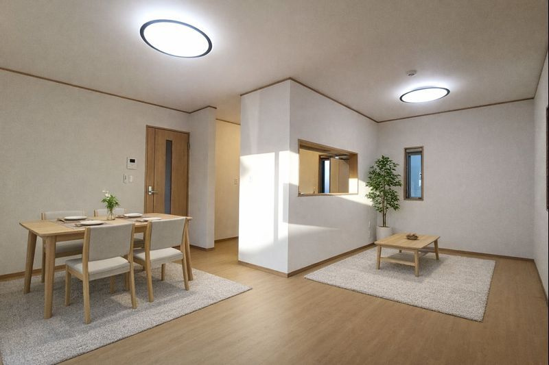 北葛飾郡松伏町　大字松伏　中古戸建の居間・リビング|広いリビングは家族が自然と集まる居心地の良い空間　※家具をCGで加工しており、家具付き販売ではございません。
