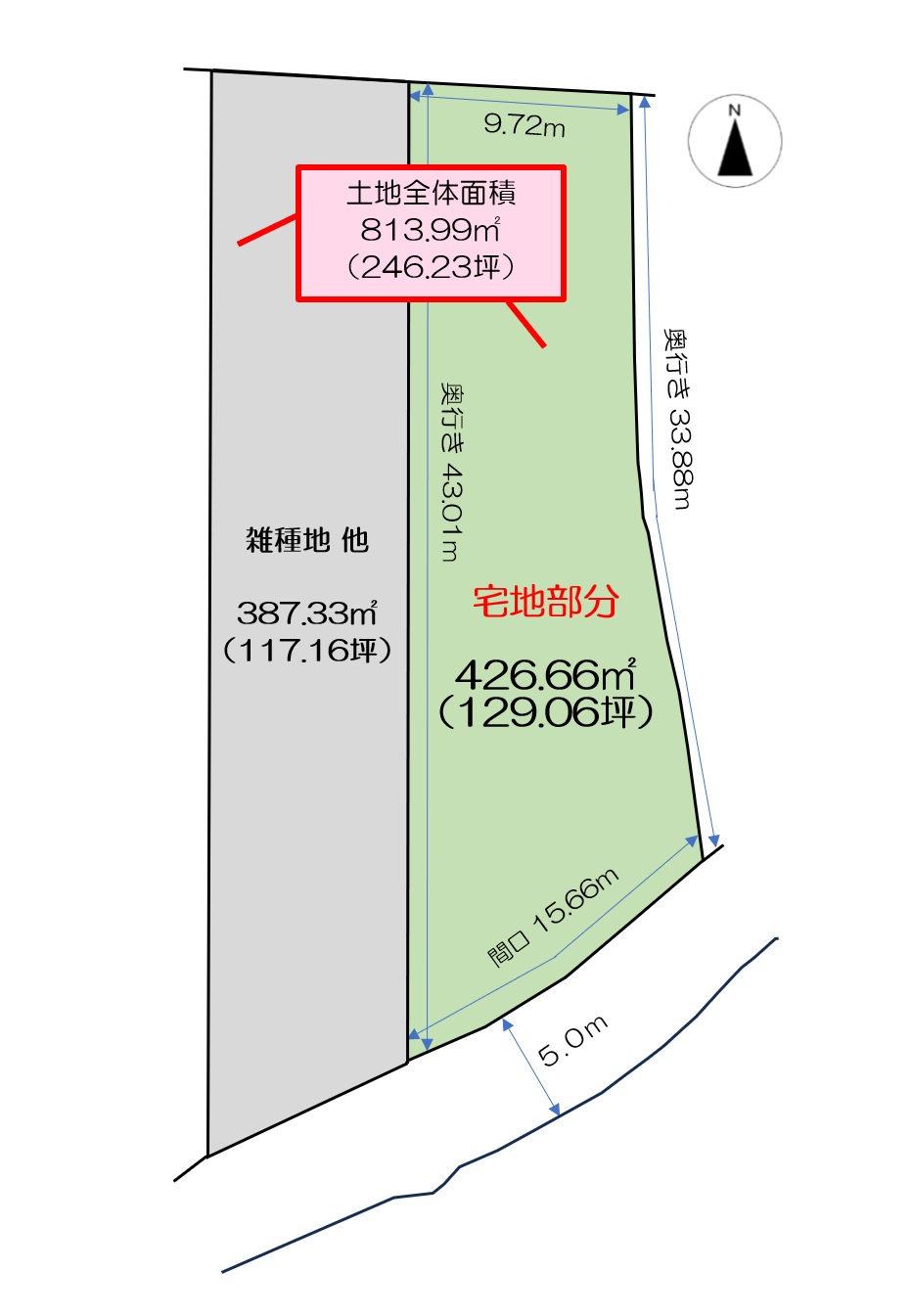 岡山市南区飽浦 土地の区画図|◆宅地部分426.66㎡（129.06坪）と雑種地部分387.33㎡（117.16坪）を合わせた813.99㎡（246.23坪）の全体像です。