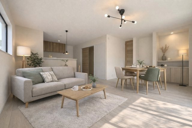 【居間・リビング】 | 福岡市東区高美台2丁目第1　1号棟（全1棟）【仲介手数料無料・0円】 | 施工例。リビングです。施工例は完成時と異なる場合があります。