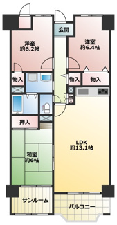 【間取り】 | エクセル住吉台 | 3LDK+S（納戸）、価格600万円、専有面積81.96平米、バルコニー面積5.79平米 全居室6帖以上あり♪
多目的に使えるサンルームあります♪