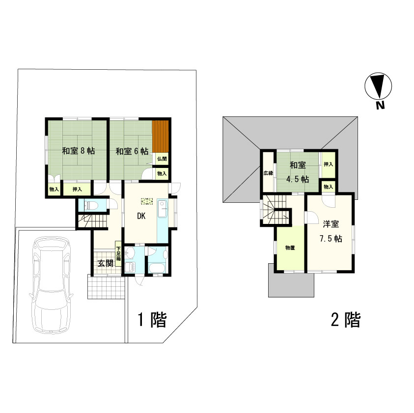 三条市月岡一丁目・中古戸建の間取り|カーポート付きの中古戸建、収納スペース多めの4DK♪