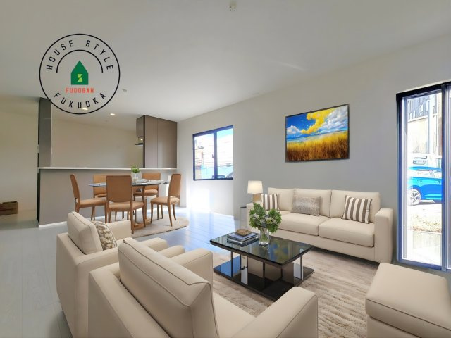 那珂川市今光8丁目第3-2棟（1号棟）の内観：施工例|明るく開放的なリビングダイニングは豊かな陽光が注ぎ込み、やすらぎの空間を演出してくれます。ご家族で楽しいひとときをお過ごし下さい。※家具はCGを合成したものです。