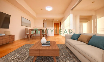 【居間・リビング】 | ランドシティ上大岡ロイヤルヒルズ | 現況の物件写真に、画像処理（CG)がされております。
照明・家具・カーテン・小物類等はCG画像になります。