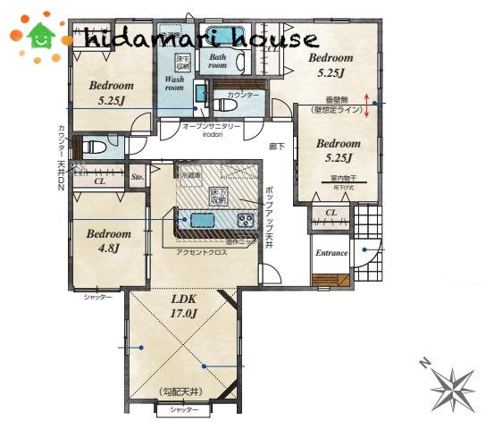 上尾市原市(universal edition)　新築平屋戸建　ブルーミング01の間取り|3LDK