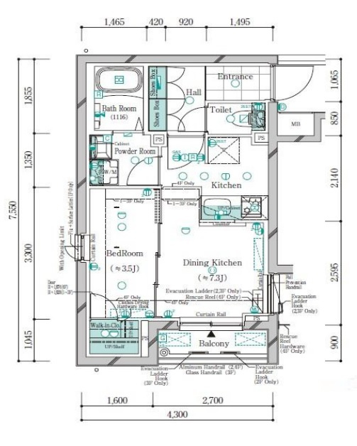 ガリシア千鳥町Ⅱの間取り|3面角部屋カウンターキッチンにウォークインクローゼット付きの1DK