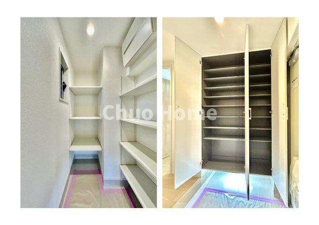 なぎさニュータウン2号棟の玄関|【玄関】玄関には大型のシューズクローゼット・土間収納を設置しておりますのでいつでもスッキリりとした空間を保てます。玄関周りを清潔に使うのはとても大事なことですよね。