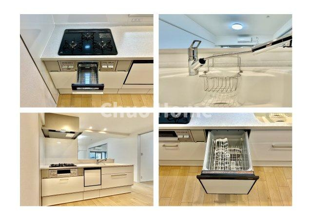 なぎさニュータウン2号棟のキッチン|【システムキッチン】ワイドで収納豊富な使い勝手の良いカウンターキッチンには、食洗器や伸縮タイプのキッチン水栓、三ツ口コンロ・魚焼きグリルなどの便利な設備が標準完備されています。