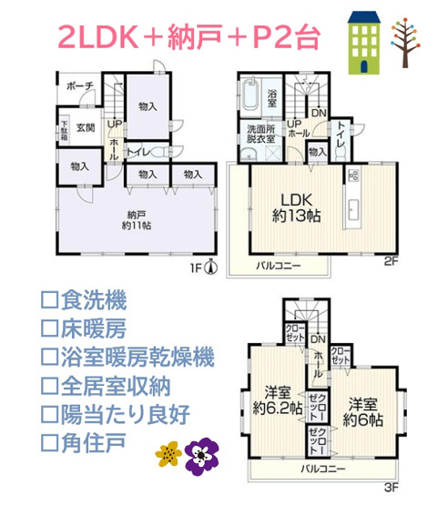 【間取り】 | 豊富な収納で年々増える荷物もスッキリ片付く、２SLDK♪　　
２階フロアにLDK＆洗面・浴室が集約し、ワンフロアで家事が完結いたします！