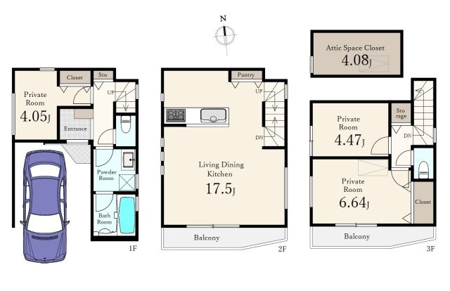 杉並区天沼3丁目 限定1棟の間取り|3LDK、土地面積53.1m2、建物面積92.52m2(車庫面積9.98㎡含む)