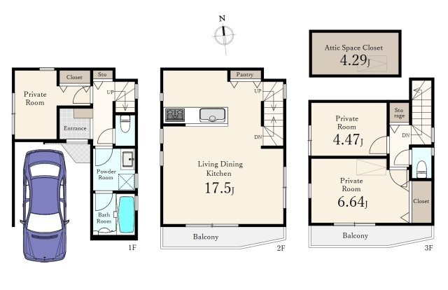 杉並区天沼3丁目 限定1区画の参考プラン|【建物参考プラン】
建物面積92.52㎡(車庫面積13.61㎡含む)
3階建　3LDK　カースペース付
土地の広さに対して、どれくらいの間取りを入れられるのかご参考になさってください♪