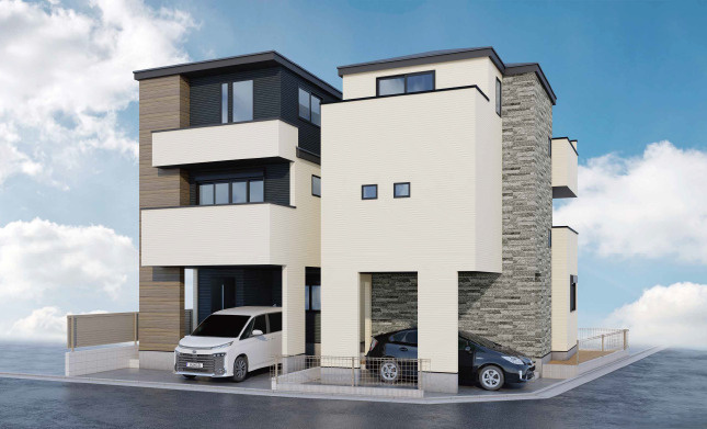 中野区江古田1丁目　ゆとりの省エネ邸宅　北西角地含む全2棟の外観パース