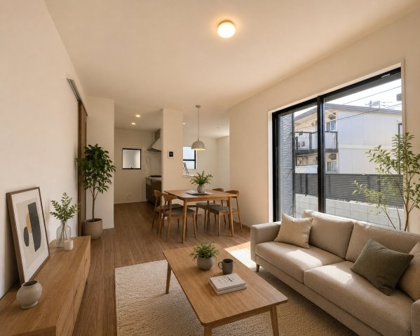 昭島市東町5丁目　新築戸建全1棟の居間・リビング|明るくにぎやかな家族にふさわしい、日差しあふれる16帖のLDK