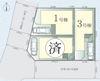 【区画図】 | 海老名市国分南2丁目  3号棟 7期 | ※1･2号棟成約済　3号棟　南側約4.9ｍ公道　駐車1台（車種によります）　敷地面積24.7坪