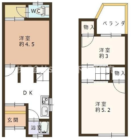 花園西町1丁目中古テラスハウスの間取り|お風呂・トイレ別、収納豊富、全室洋室などお部屋探しの条件としてチェックされる項目が満たされています！