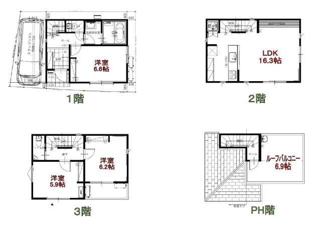 松戸市根本　建築条件付売地の区画図|建物プラン例☆建物価格2,390万円、建物面積83.64㎡
各種セレクトが可能です♪
