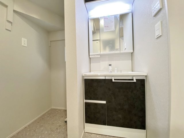 練馬区下石神井5丁目 全5棟 5号棟の独立洗面台|使いやすい三面鏡の洗面台
鏡裏やベースキャビネットなど収納スペースもしっかり設けているので水回りをキレイにお使いいただけます