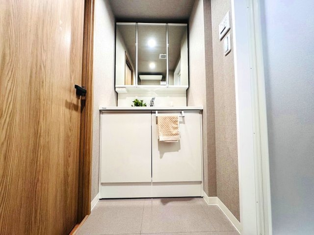 【独立洗面台】 | パーク・エステート上板橋（成増店） | 奥様嬉しい三面鏡付洗面化粧台新規交換済。収納力もございます。
※画像の家具・小物等は販売対象に含みません。
