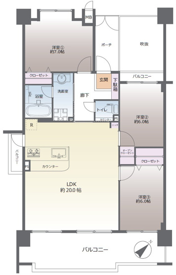 【間取り】 | JGMヴェルデ板付中央公園前 | 角部屋で採光面が多く快適なお部屋です。全居室6帖以上ありゆったりとしたプライベートを過ごせそうです