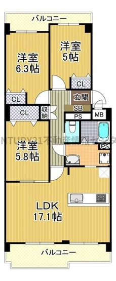 【間取り】 | 昭和山コーポ１号棟 | 2面バルコニーフルリノベーション物件！