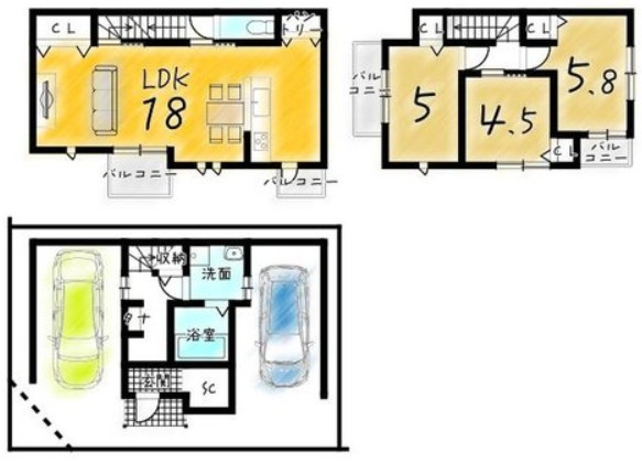 【参考プラン】 | K12060-紫野 | Aプラン　延床面積：83.02㎡　1階：15.59㎡　2階：36.65㎡　3階：30.78㎡
土地価格：1,699万　建物価格：1,800万　