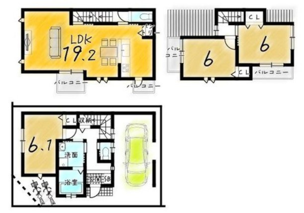 【参考プラン】 | K12060-紫野 | Bプラン　延床面積：88.56㎡　1階：27.20㎡　2階：36.65㎡　3階：24.71㎡
土地価格：1,699万　建物価格：1,800万