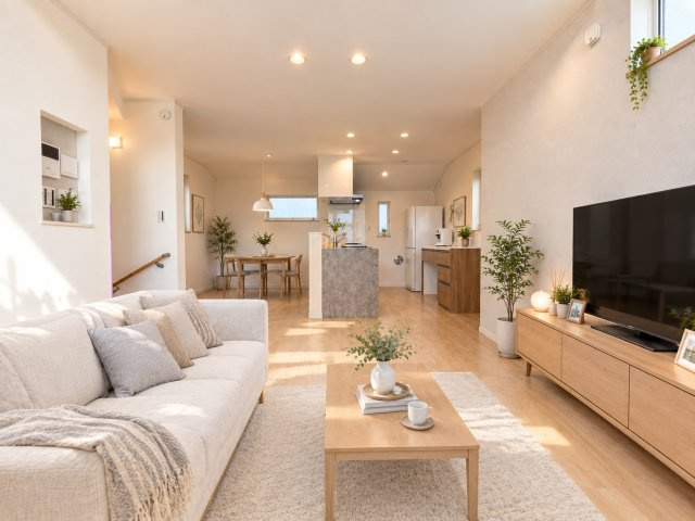 板橋区赤塚6丁目　南道路×整形地　新築戸建限定1棟の居間・リビング|※配置の家具や小物は生成AIによるイメージで、販売価格には含まれません。