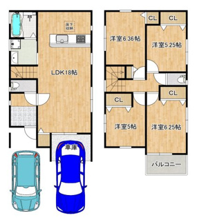 【間取り】 | 大野台５丁目　新築分譲住宅　全２区画 | 【並列に駐車２台可能です】愛車の置き場所に困らないですね！広々駐車スペースはママやお子様の自転車も停められますね♪