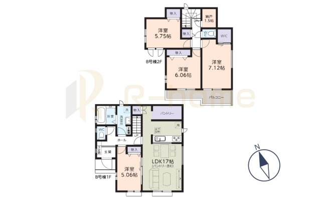 流山市江戸川台東1丁目　新築戸建て　B号棟の間取り|4LDK＋WIC＋納戸＋パントリー、土地面積165.96m2、建物面積99.98m2