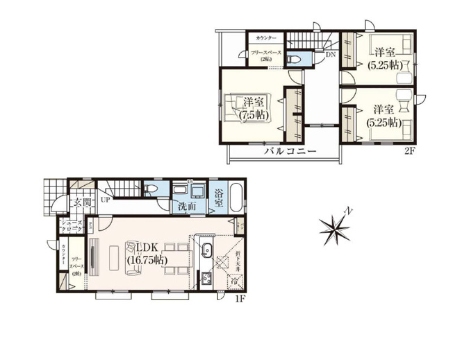 【間取り】 | 富士見市渡戸1丁目　新築一戸建住宅　全1棟　(ふじみ野店) | 2つのフリースペース、SC、パントリー付きの3LDK。水回りが一か所に集中、2WAY動線の洗面室、居室を通らず出入りができるバルコニーなど生活動線に配慮された設計です。
