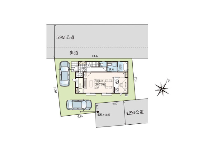 【区画図】 | 富士見市渡戸1丁目　新築一戸建住宅　全1棟　(ふじみ野店) | 2方の公道に面した開放感のある邸宅です。小学校徒歩6分、中学校徒歩11分なのでお子様の登下校も安心。