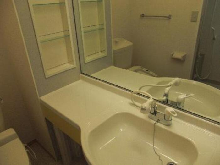 マロンハイム Ａ・Ｂの浴室|大型洗面化粧台(大鏡付)