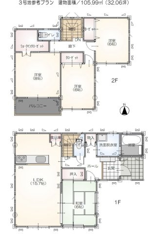 鴻巣市箕田富士山Ⅱ期全６区画の参考プラン|3号地参考建物プラン、延床面積105.99㎡・価格2000万円（税込）