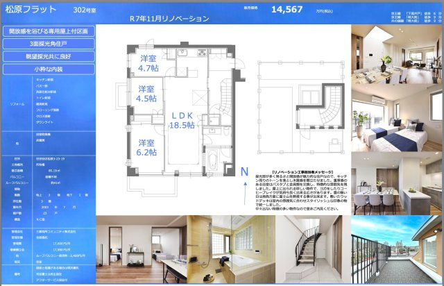 ★仲介手数料無料★松原フラット（３面彩光角住戸・新規内装リフォーム済み）の間取り