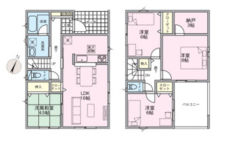 【間取り】 | 山梨市下石森 新築全2棟 2号棟 車並列2台×2列の合計4台 | 2号棟間取り　建物98.82㎡ 4LDK　大型インナーバルコニー