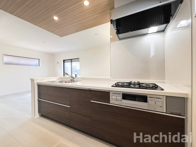 高浜市呉竹町第3　新築一戸建　＜4号棟＞のキッチン|収納豊富なシステムキッチンは、作業が快適でお手入れもカンタンです。フラットな天板でお掃除もサッと一拭き。家事の負担を最小限に抑えます。　