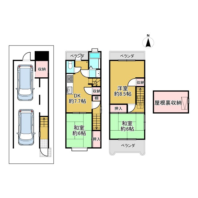 長岡京市長岡天神5丁目の間取り|南向きにつき、日当り通風良好◎
1階車庫には駐車2台可能です（車種による）