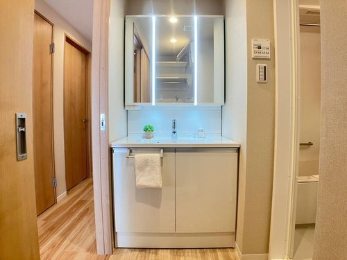 ワコーレロイヤルガーデン北本Ｆ棟の独立洗面台|朝の支度にも助かる、独立の洗髪洗面化粧台