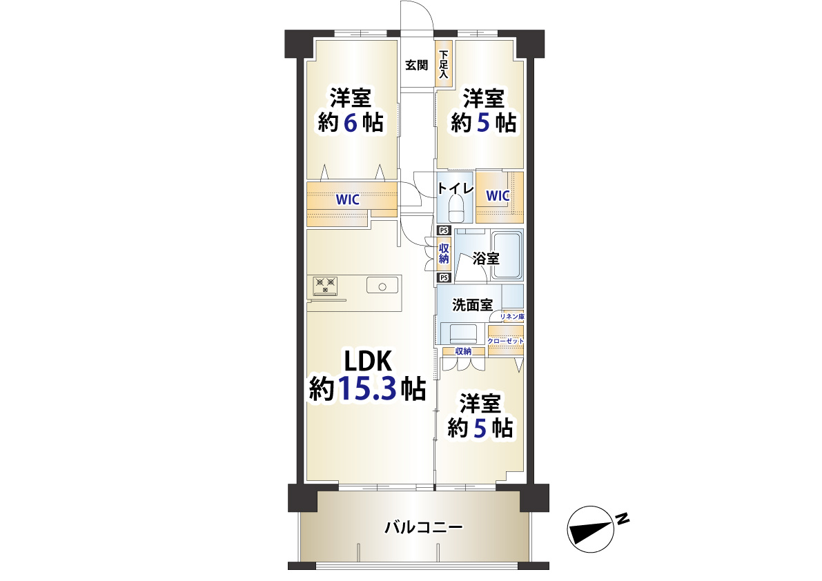 屏風浦駅徒歩10分　築浅マンション　ベレーナシティ　４階の間取り|専有面積は約72㎡の3LDK
居室２部屋にWICがあり、充実した収納