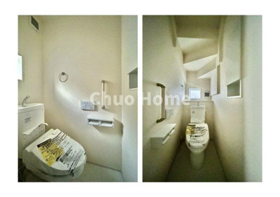 【トイレ】 | 足立区佐野2丁目新築分譲住宅 | 【トイレ】 収納スペースをしっかりと確保した温水洗浄便座機能付きトイレ。温水洗浄便座は清潔にお使いいただくための大切なアイテムです。