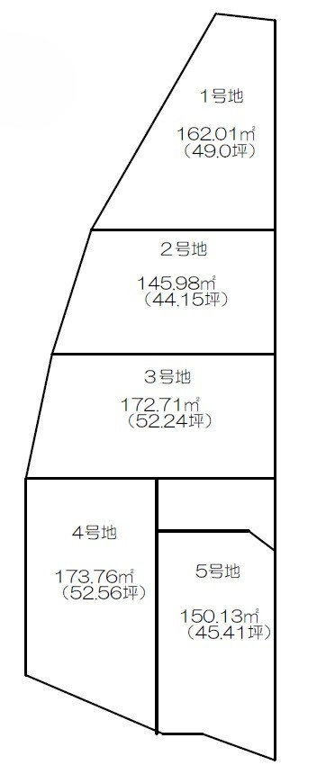 高知市口細山　建築条件付き　売土地　4号地（全5区画）　の区画図|4号地　土地面積　173.76㎡（約52.56坪）　土地価格　1,787.04万円