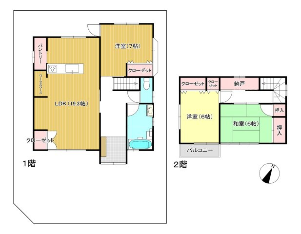 宇多津町津の郷　LDK19.3帖のリフォーム戸建の間取り|間取り：３SLDK（１階LDK19.3・洋７・２階洋６・和６）