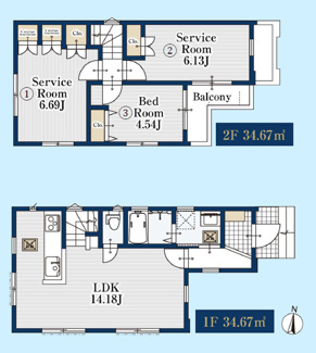【参考プラン】 | 大田区南馬込3丁目 | 1号棟
建物参考価格：1,300万円
建物面積：69.34㎡