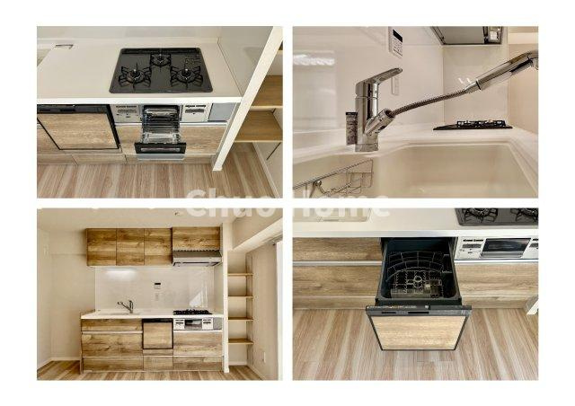 ダイアパレス大島のキッチン|【システムキッチン】ワイドで収納豊富な使い勝手の良いシステムキッチンには、食洗器や伸縮タイプのキッチン水栓、三ツ口コンロ・魚焼きグリルなどの便利な設備が標準完備されています。