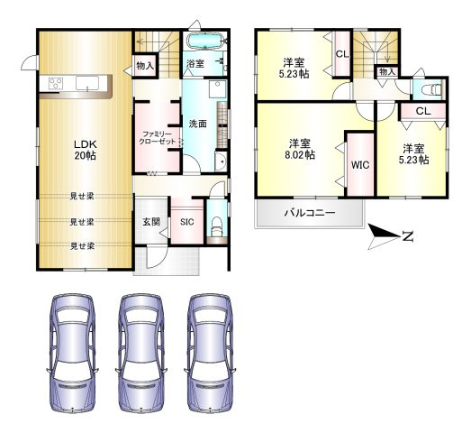 大和高田市大字西坊城全３区画　2号地の間取り|3LDK　土地面積：200.24ｍ2　建物面積：105.99ｍ2　駐車３台可