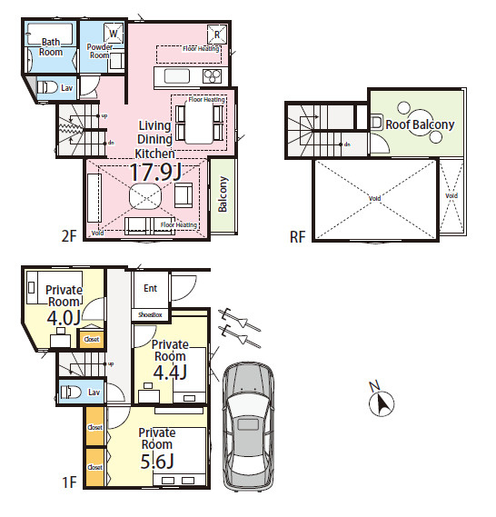北区堀船2丁目　王子駅徒歩13分　建築条件付き　限定1区画の参考プラン|3LDK+屋上ルーフバルコニー+カースペース　敷地面積 72.41ｍ2　建物面積 77.38ｍ2