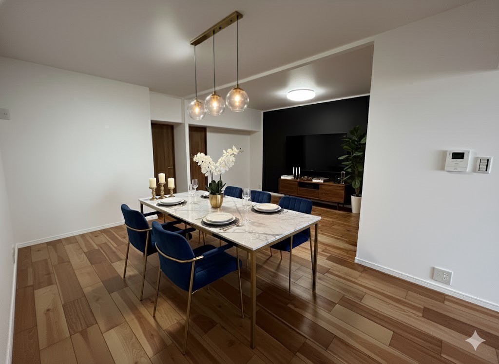 ルネ甲子園の居間・リビング|広々としたリビングは、落ち着いた明るさでリラックスできる空間。照明次第で昼夜問わず快適に過ごせます。