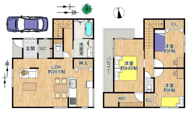 【間取り】 | 平野区喜連6丁目 | 2階建て【ゆったり3LDK＋カースペース＋庭フリースペース】LDK約20帖、シューズインクローク・ウォークインクローゼットあり♪食洗器・浴室乾燥機完備☆室内大変綺麗にお住まいです☆