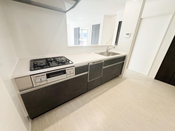 大字小池原1期3号棟のキッチン|シンプルなデザインのキッチンです。ワークスペースが広くガスコンロやシンクもゆとりがあります。収納も多く使いやすさを重視した仕様です。清潔感のある色合いが魅力的です。