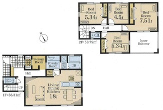【間取り】 | 海老名市国分寺台5丁目  1号棟 | 都市ガス　シャッター2箇所付　インナーバルコニー　浴室乾燥機+窓　リビング収納　SIC　リビング折上天井　LDK18帖